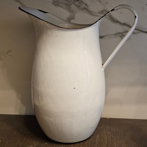 Primitive Antique Porcelain Enamel Water/Milk Pitcher White and Black - Picture 1 of 6